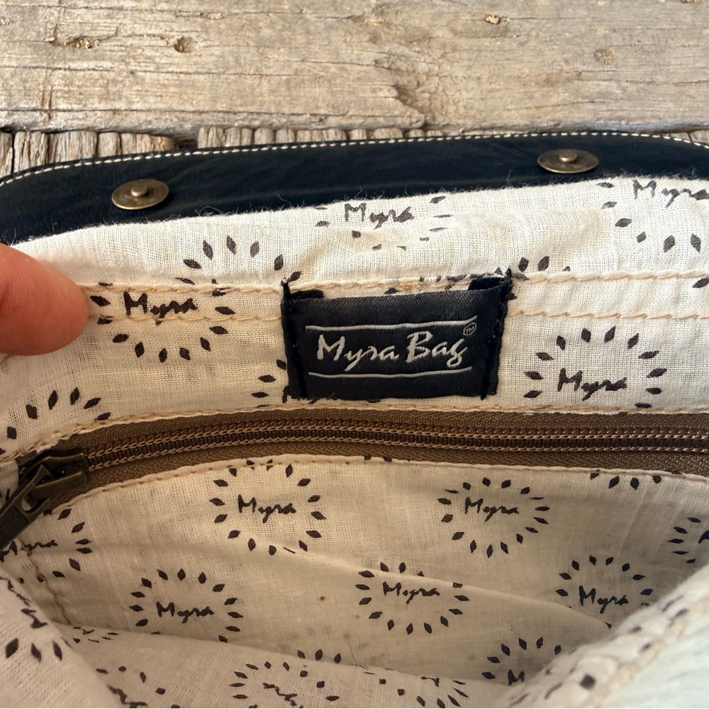 Myra Bag Blue Crescent Hand Tooled Leather Cow Hide Hair On Bag purse - Picture 8 of 9